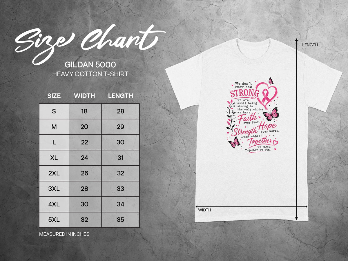 Gildan 5000 Heavy Cotton T-Shirt size chart with width and length measurements.