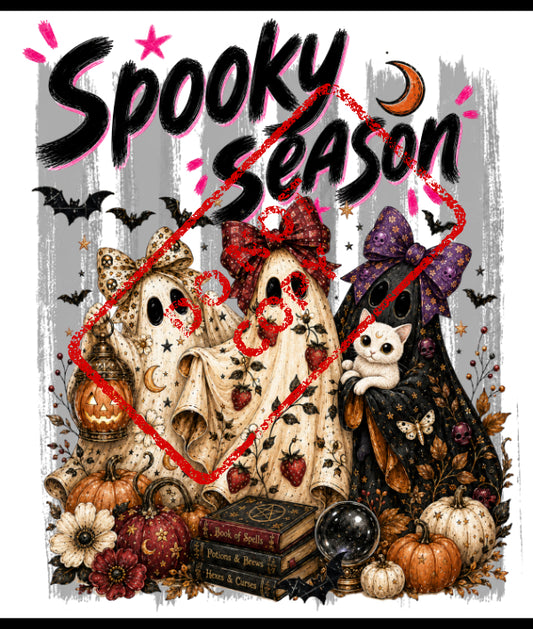 Three Halloween ghosts with spooky season text, pumpkins, and spell books.