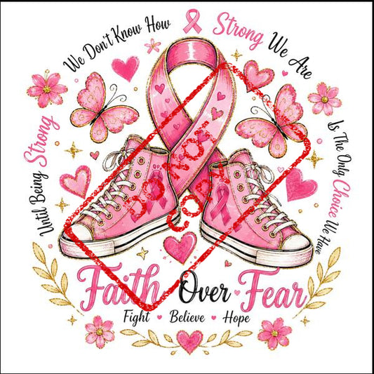 Pink high-top sneakers, breast cancer ribbon, butterflies, hearts, and text.