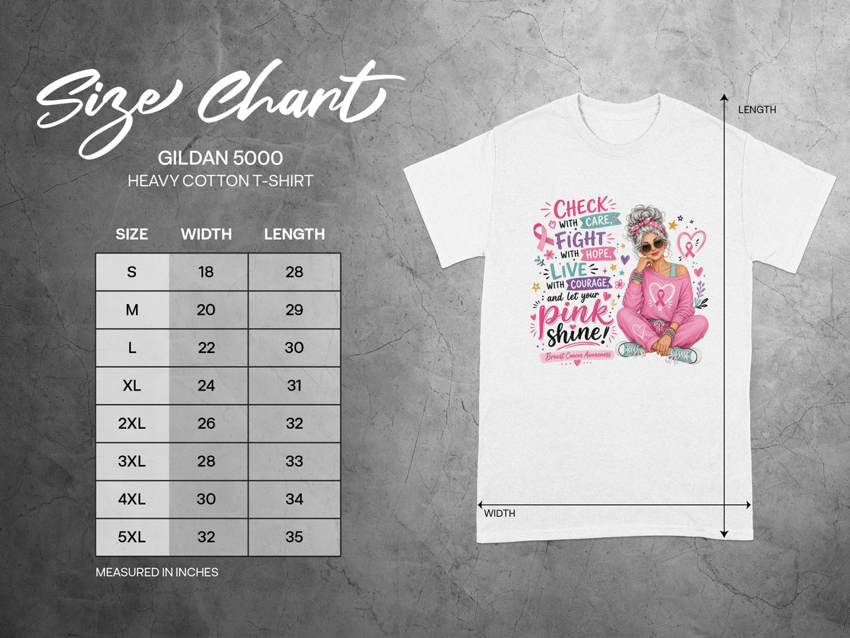 Gildan 5000 heavy cotton t-shirt size chart with breast cancer awareness graphic.