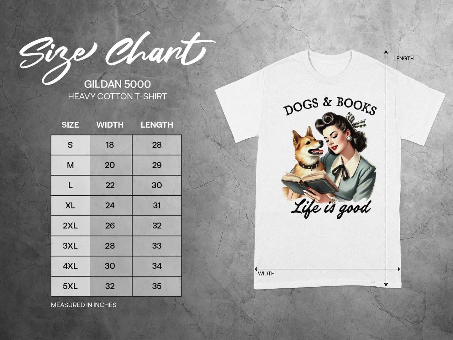 Gildan 5000 size chart for a heavy cotton t-shirt with dogs and books graphic.