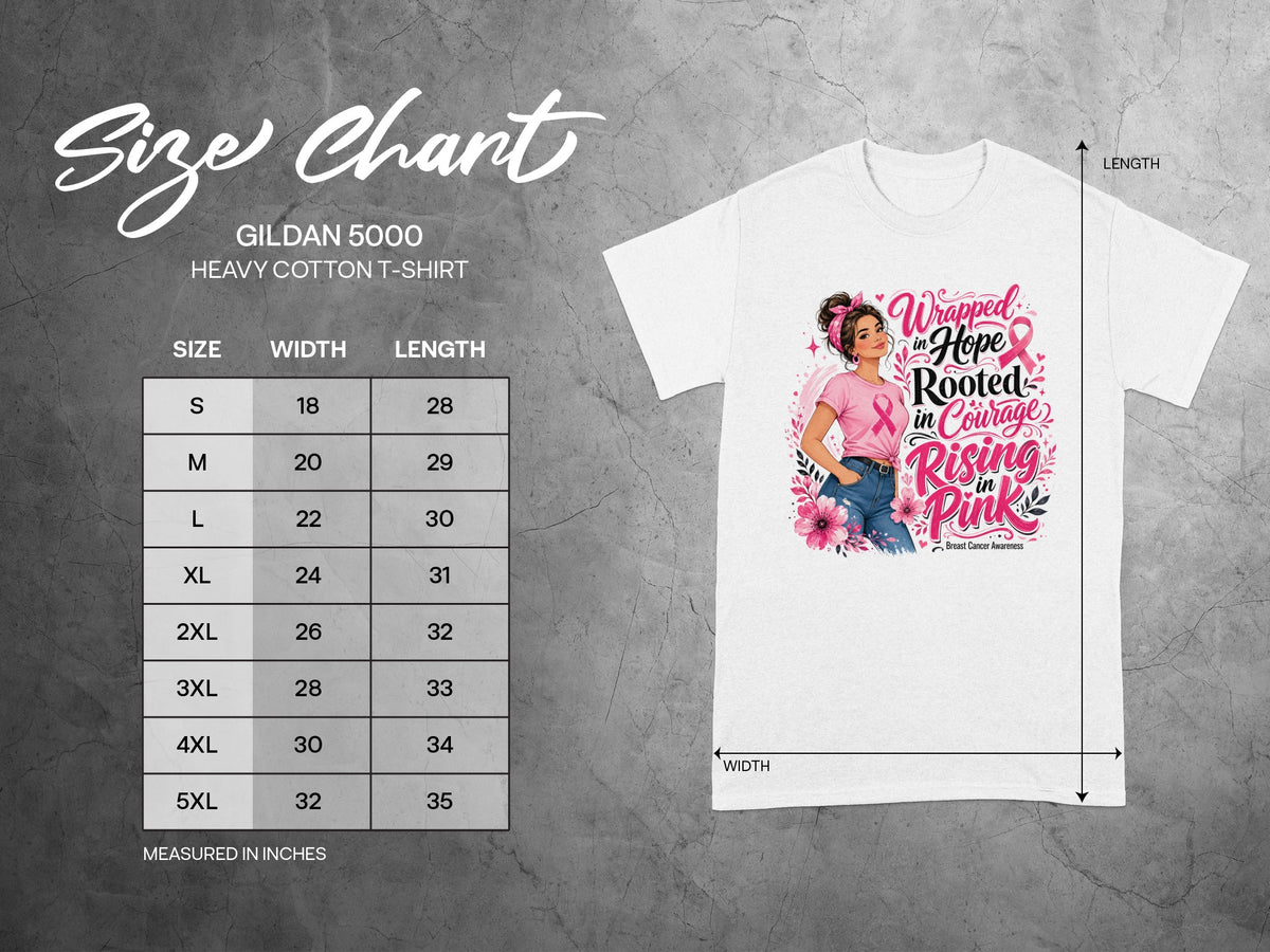 Gildan 5000 t-shirt size chart showing width and length measurements in inches.