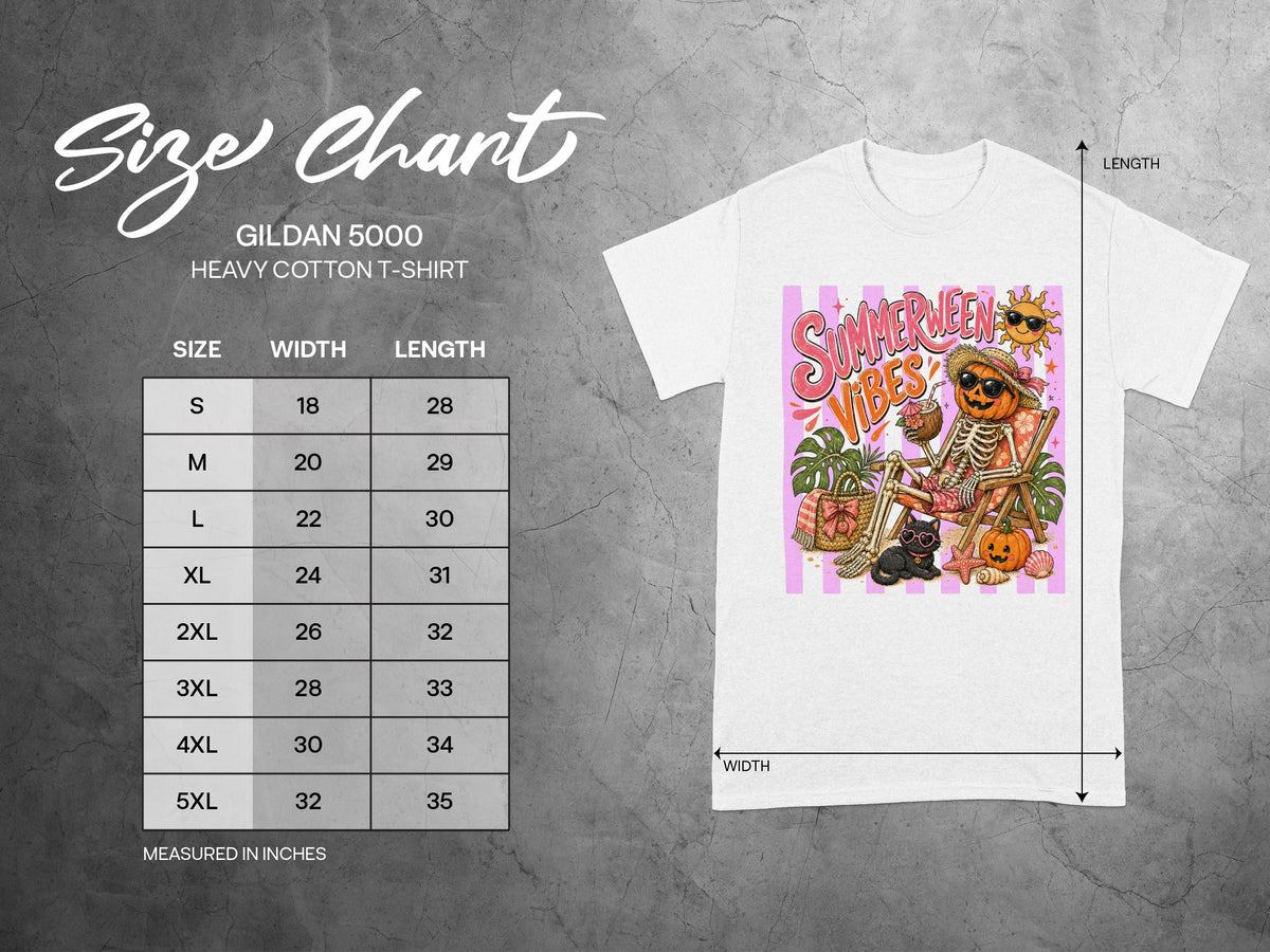 Gildan 5000 Heavy Cotton T-Shirt size chart with width and length measurements in inches.