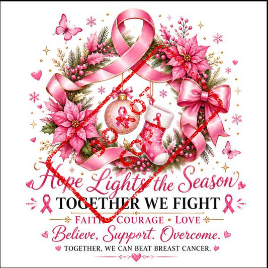 Pink Christmas wreath with breast cancer ribbons, ornament, stocking, and text.