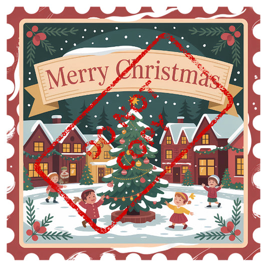Christmas village scene with children and decorated tree under "Merry Christmas" banner.