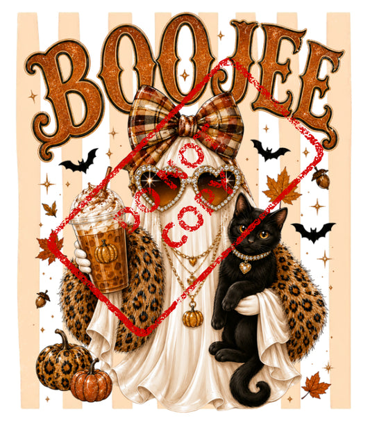 Ghost holding coffee and cat, wearing leopard print and heart sunglasses, with "Boo-jee" text.