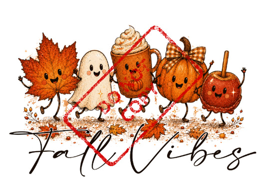Cartoon maple leaf, ghost, mug, pumpkin, and candy apple with "Fall Vibes" text.