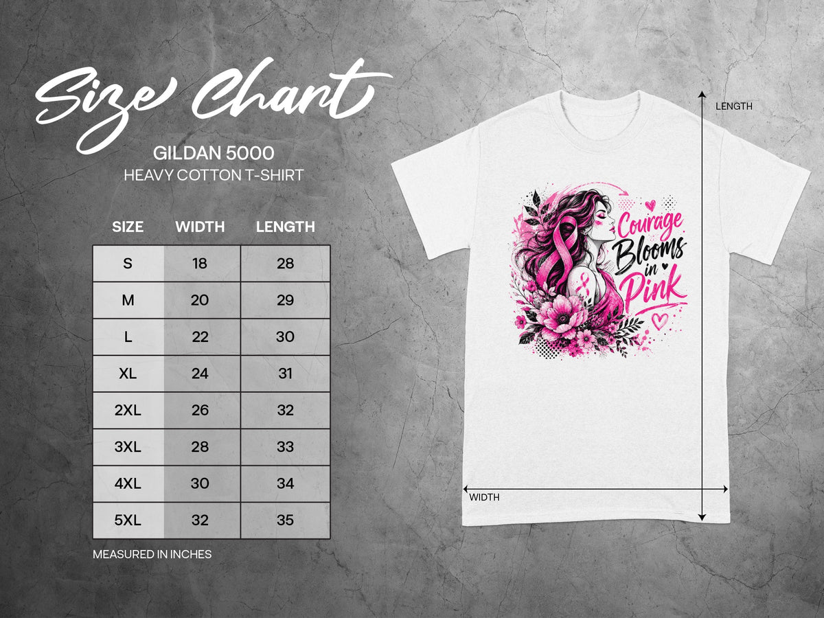 Gildan 5000 heavy cotton t-shirt size chart with measurements in inches.