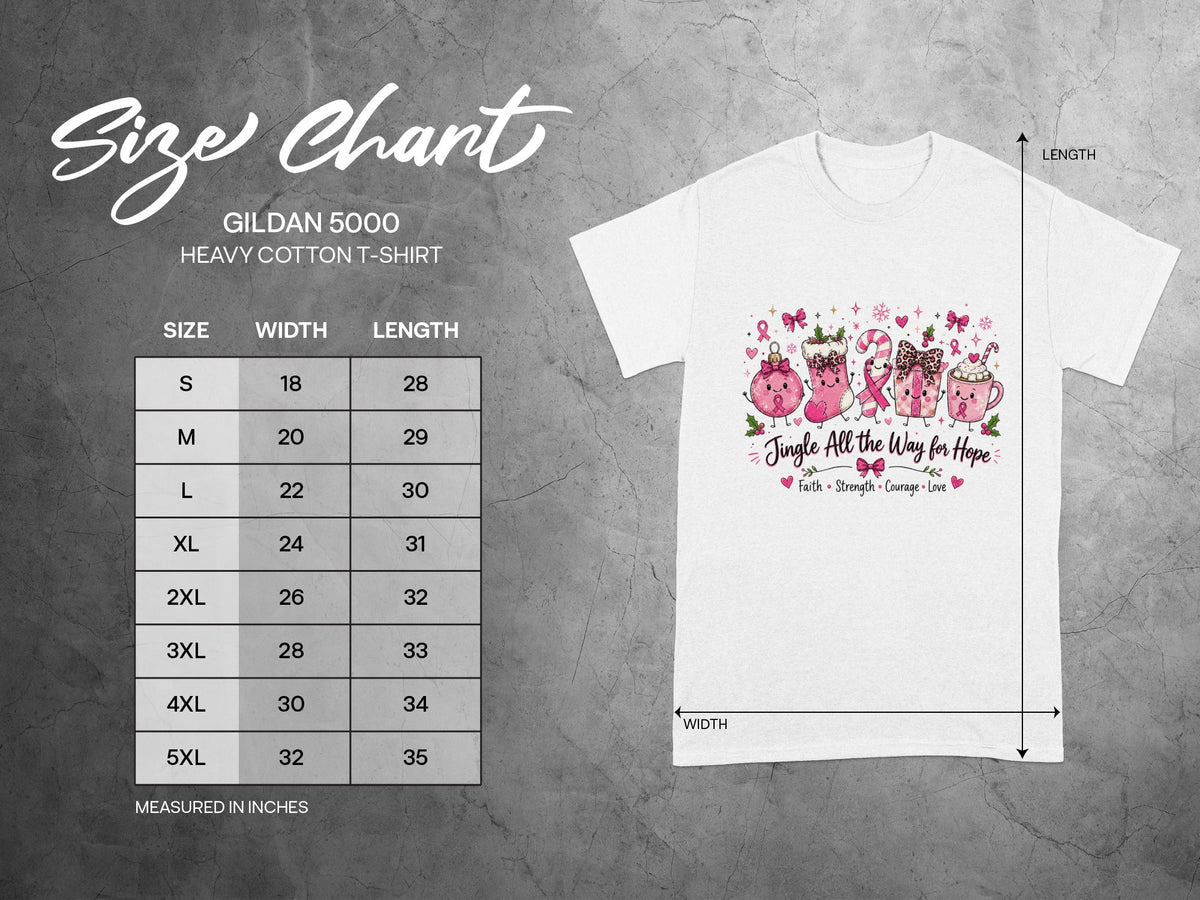 Gildan 5000 Heavy Cotton T-Shirt size chart with width and length measurements.