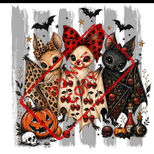 Three cute bats with Halloween decorations, including a pumpkin, skulls, and potion bottles.