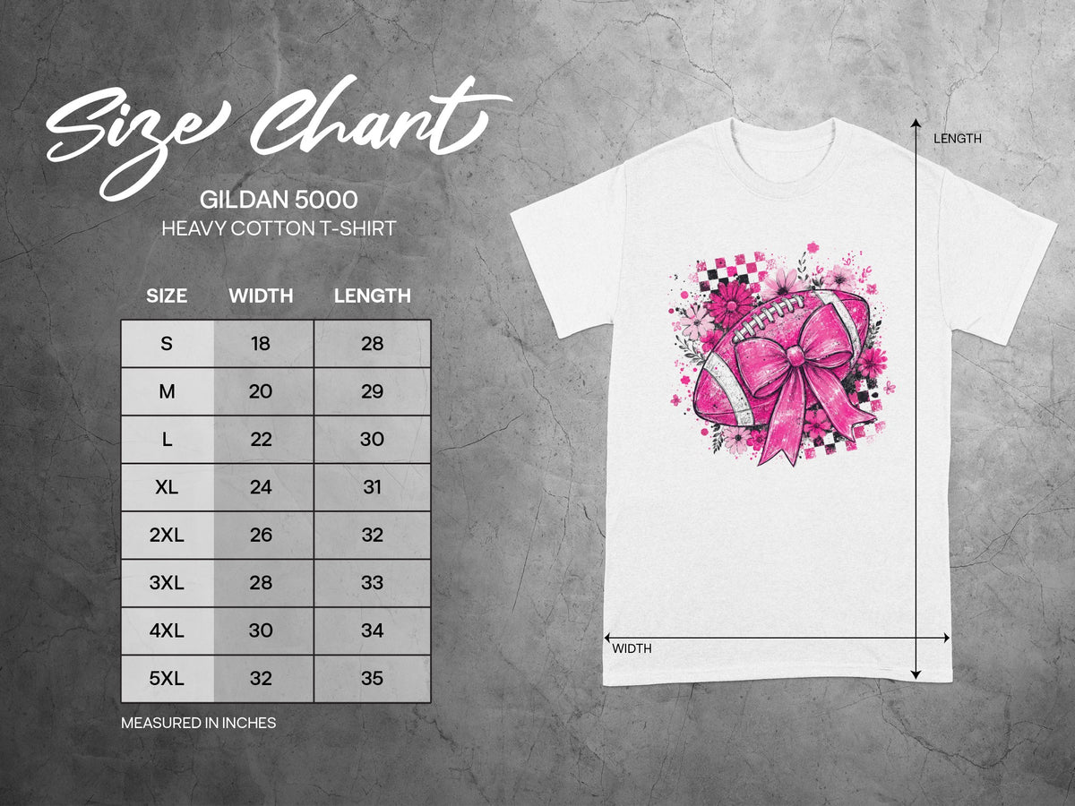Gildan 5000 Heavy Cotton T-Shirt size chart with width and length measurements in inches.