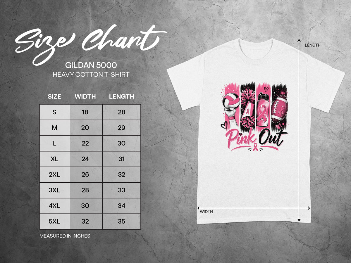 Gildan 5000 Heavy Cotton T-Shirt size chart with measurements in inches.