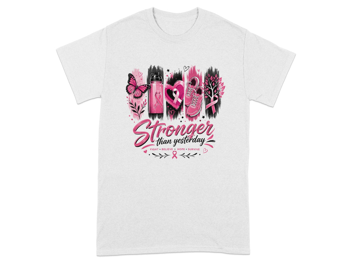 White t-shirt with "Stronger than yesterday" text and breast cancer awareness symbols.