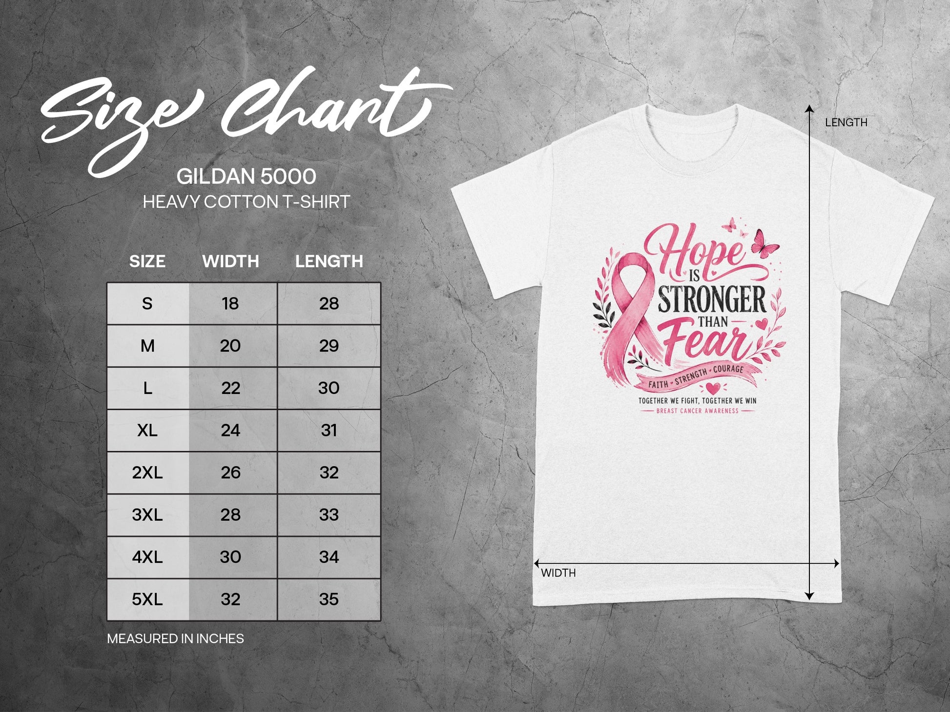 Gildan 5000 heavy cotton t-shirt size chart with width and length measurements in inches.