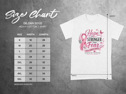Gildan 5000 heavy cotton t-shirt size chart with width and length measurements in inches.