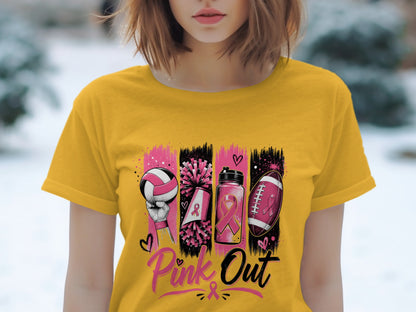 Yellow t-shirt with "Pink Out" text and breast cancer awareness ribbon sports graphics.