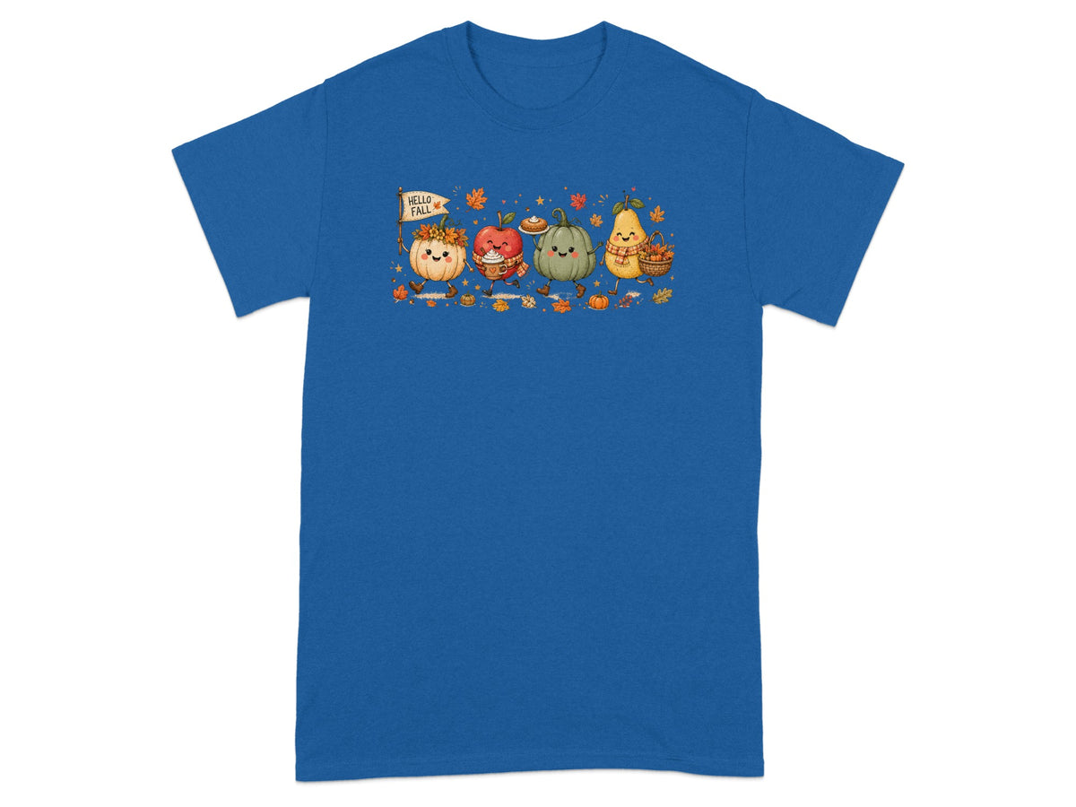 Cute cartoon fall fruits and vegetables holding a pie, drink, and basket.