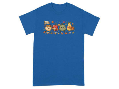 Cute cartoon fall fruits and vegetables holding a pie, drink, and basket.
