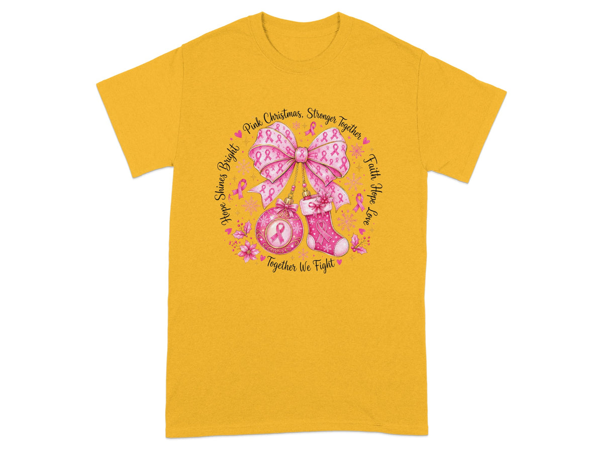 Yellow t-shirt with circular breast cancer awareness graphic and text.
