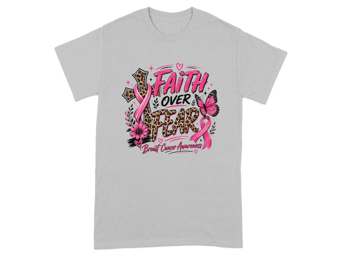 Grey t-shirt with "Faith Over Fear" breast cancer awareness graphic.