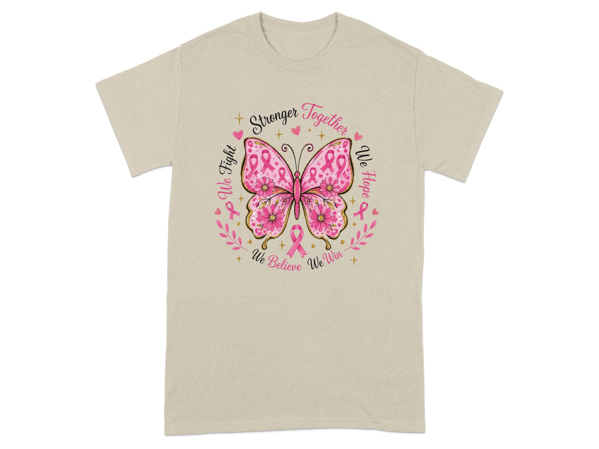 Tan t-shirt with butterfly graphic and breast cancer awareness ribbon text.
