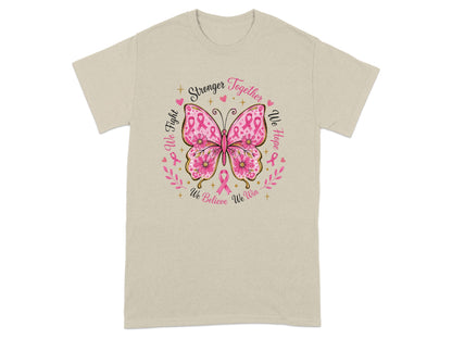 Tan t-shirt with butterfly graphic and breast cancer awareness ribbon text.