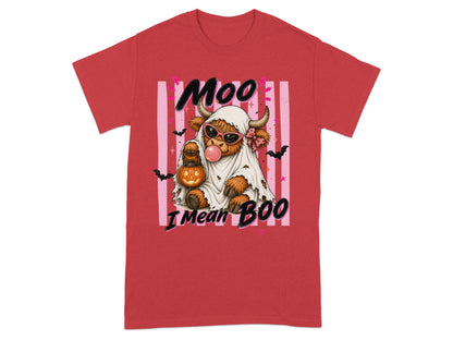 Highland cow dressed as a ghost holds pumpkin, text says "Moo I Mean Boo".