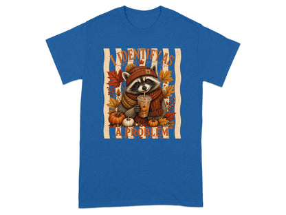 Raccoon wearing a beanie and scarf, drinking from a pumpkin spice latte cup, with text.