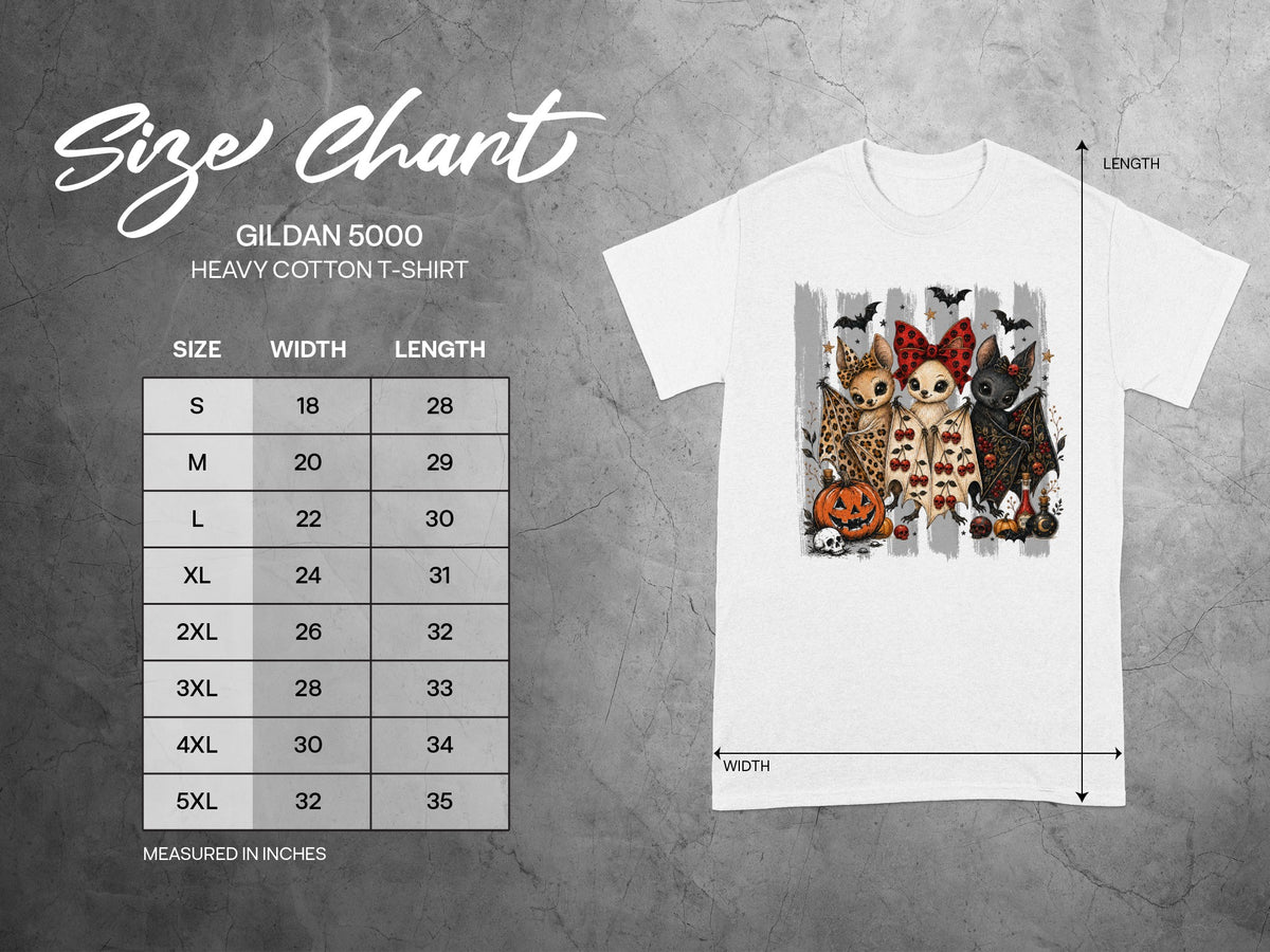 Gildan 5000 size chart with measurements and Halloween-themed bat graphic.