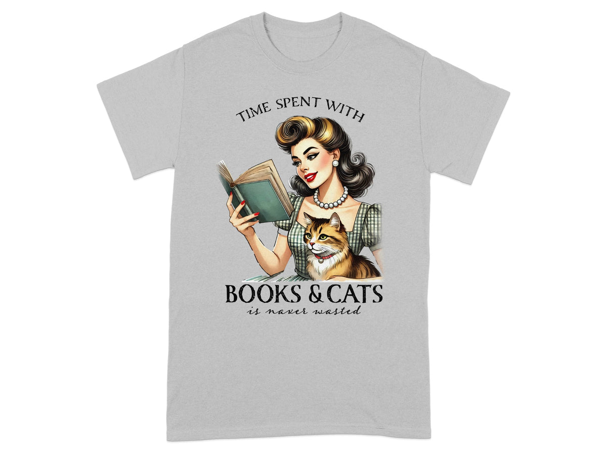 Vintage woman reading with cat. "Time spent with books & cats is never wasted."