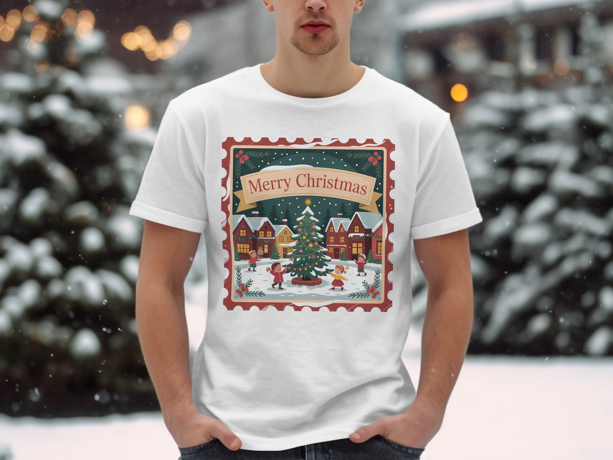 White t-shirt with a "Merry Christmas" stamp design featuring children around a tree.