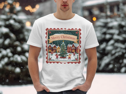 White t-shirt with a "Merry Christmas" stamp design featuring children around a tree.