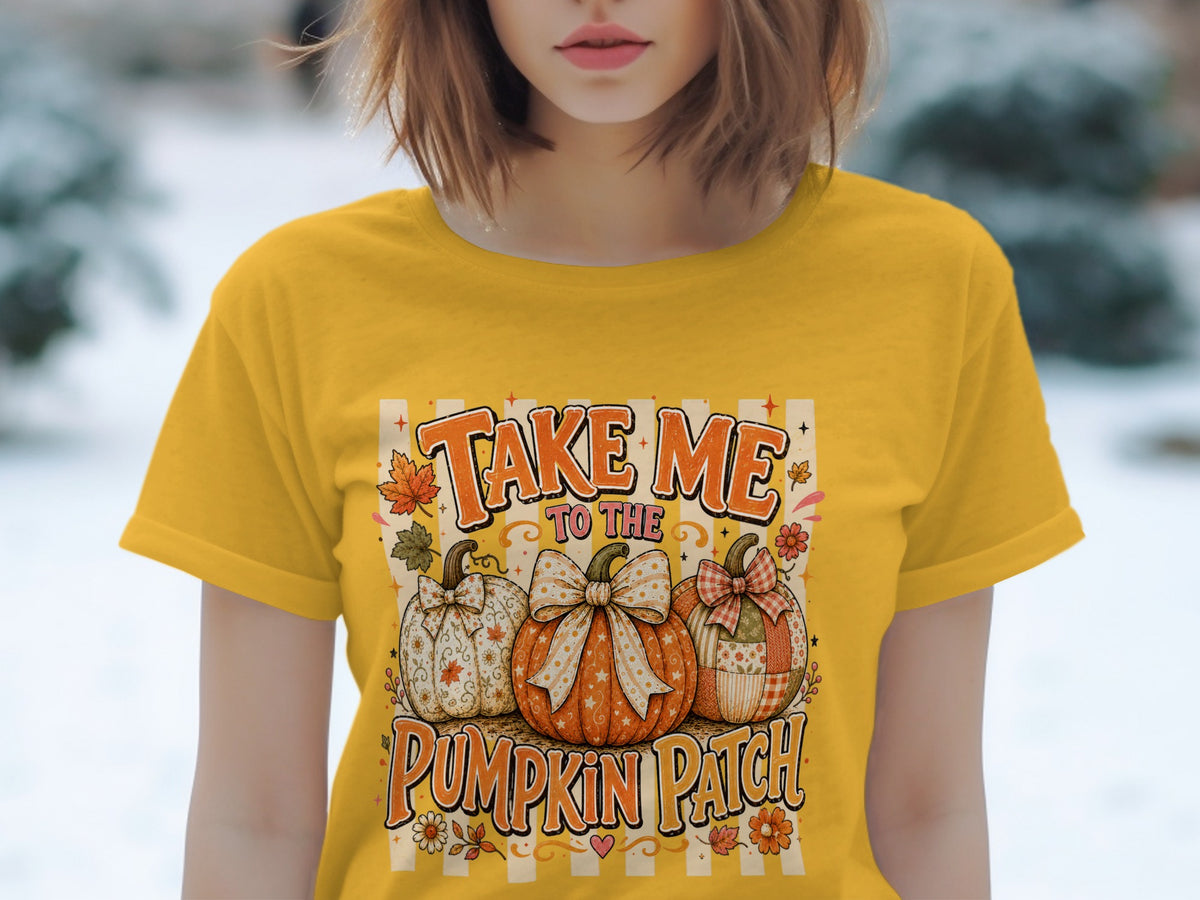 Yellow t-shirt with "Take Me To The Pumpkin Patch" text and three decorated pumpkins.