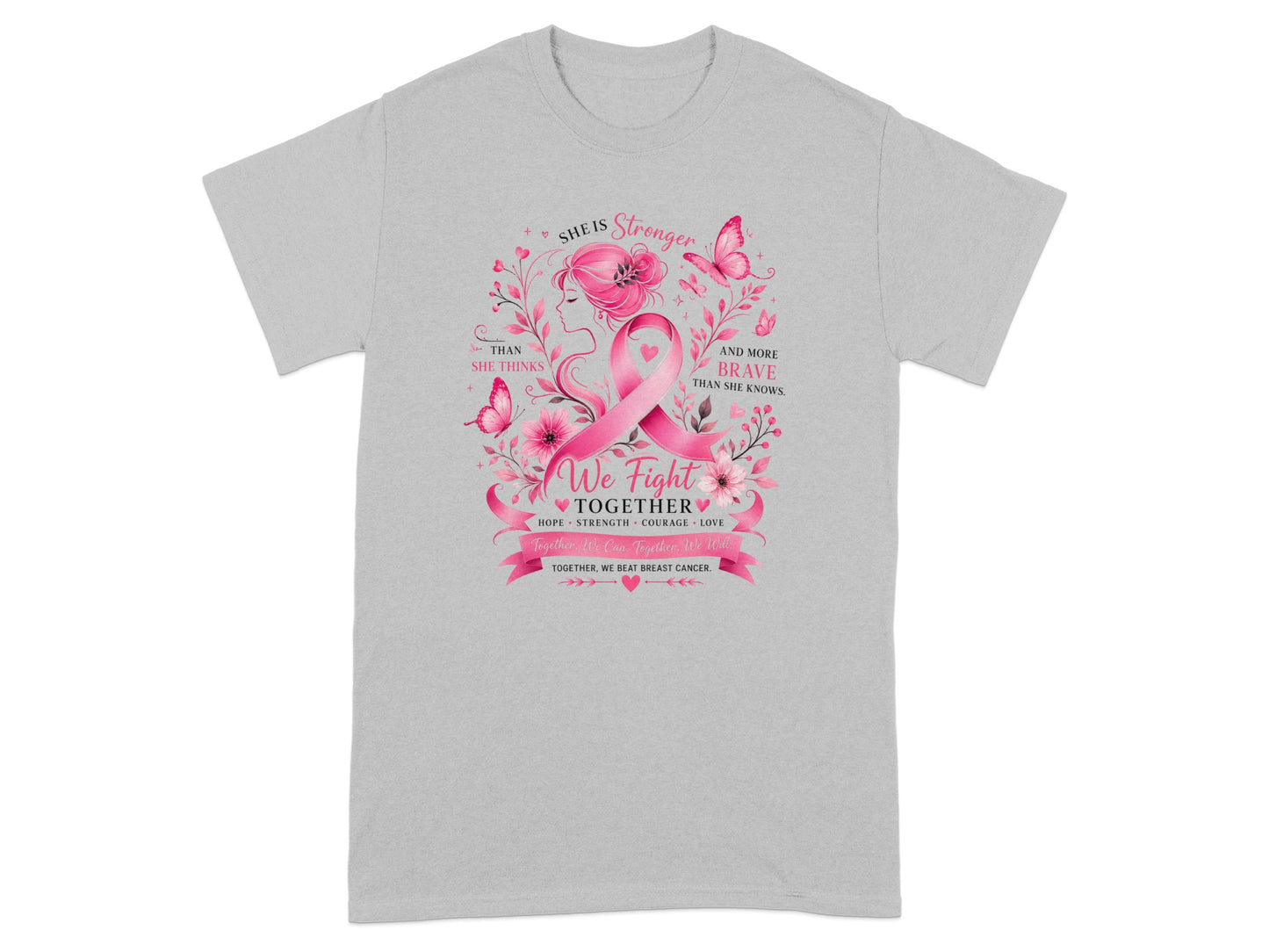 Pink breast cancer ribbon graphic with inspirational text and floral elements.