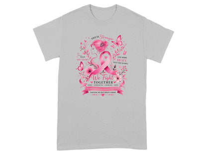 Pink breast cancer ribbon graphic with inspirational text and floral elements.