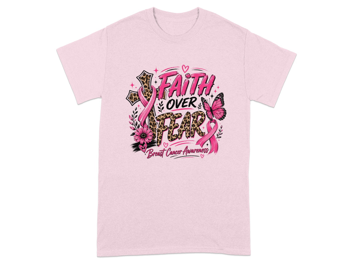 Pink t-shirt with "Faith Over Fear" and breast cancer awareness ribbon design.