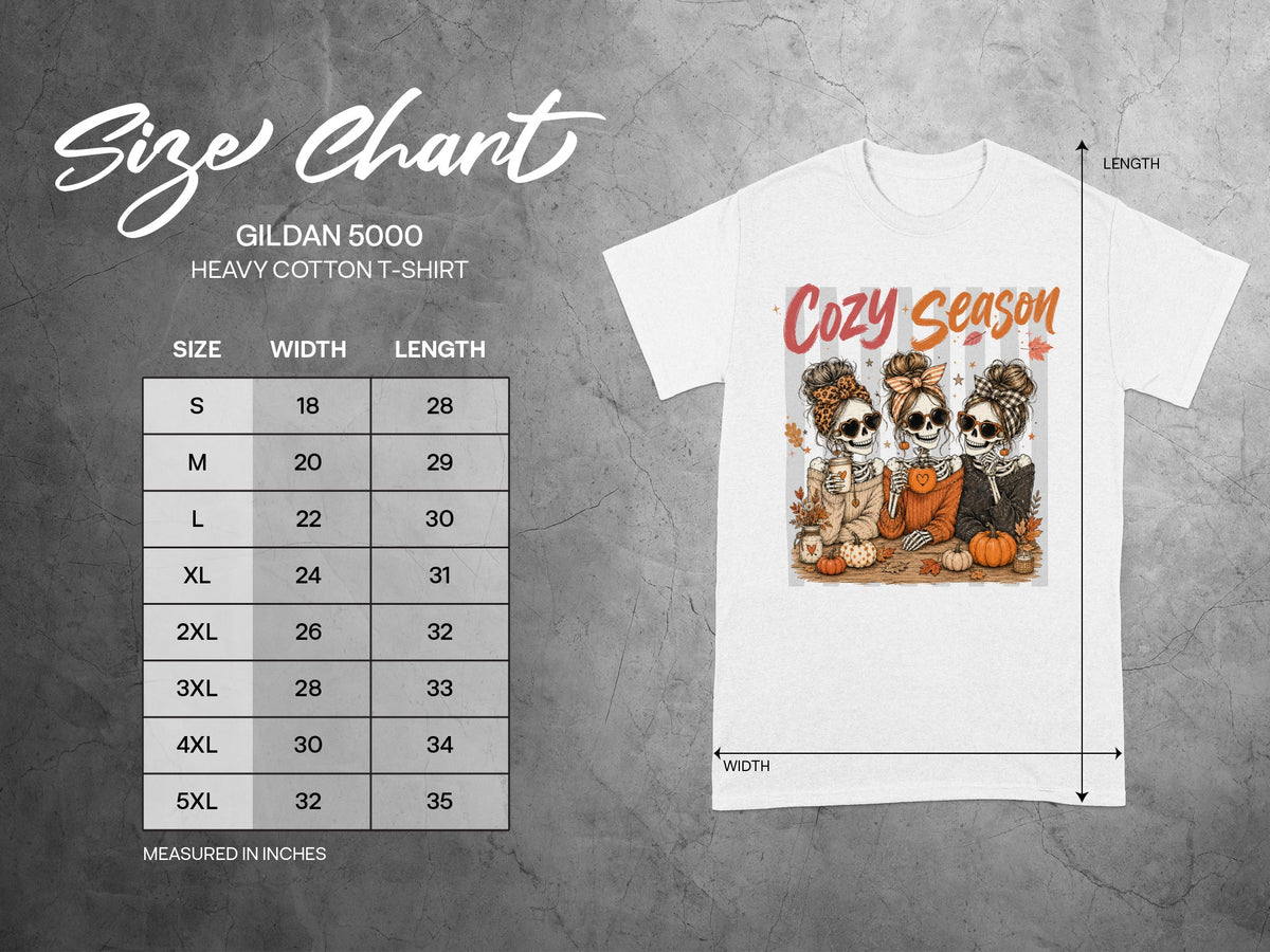 Gildan 5000 t-shirt size chart with dimensions in inches and a cozy season skeleton graphic.