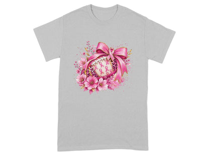 Gray t-shirt with a football decorated with pink ribbons and flowers.