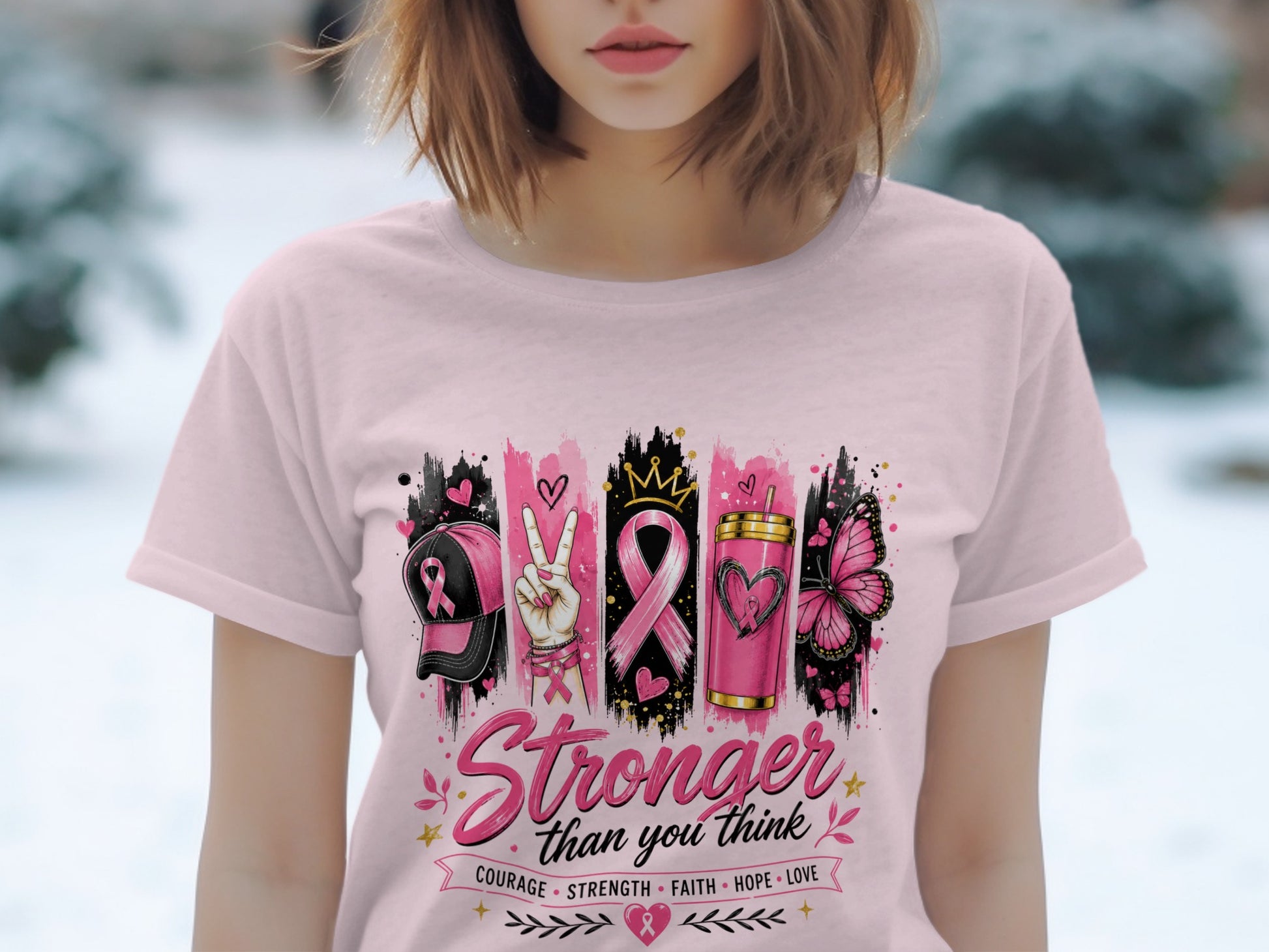 Pink t-shirt with breast cancer awareness graphics and text "Stronger than you think".