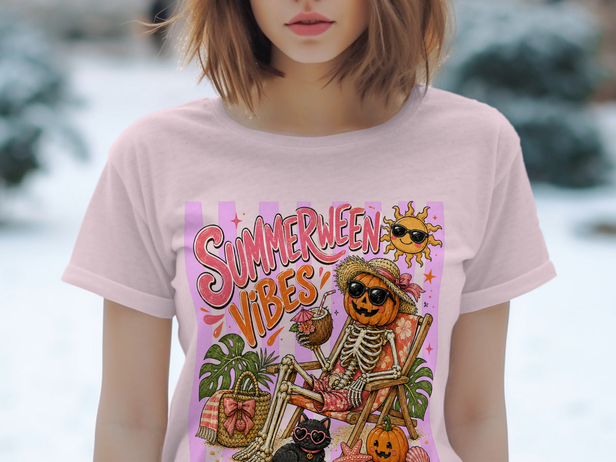 Skeleton pumpkin with sunglasses relaxes on a beach chair with a coconut drink.