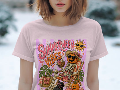Skeleton pumpkin with sunglasses relaxes on a beach chair with a coconut drink.