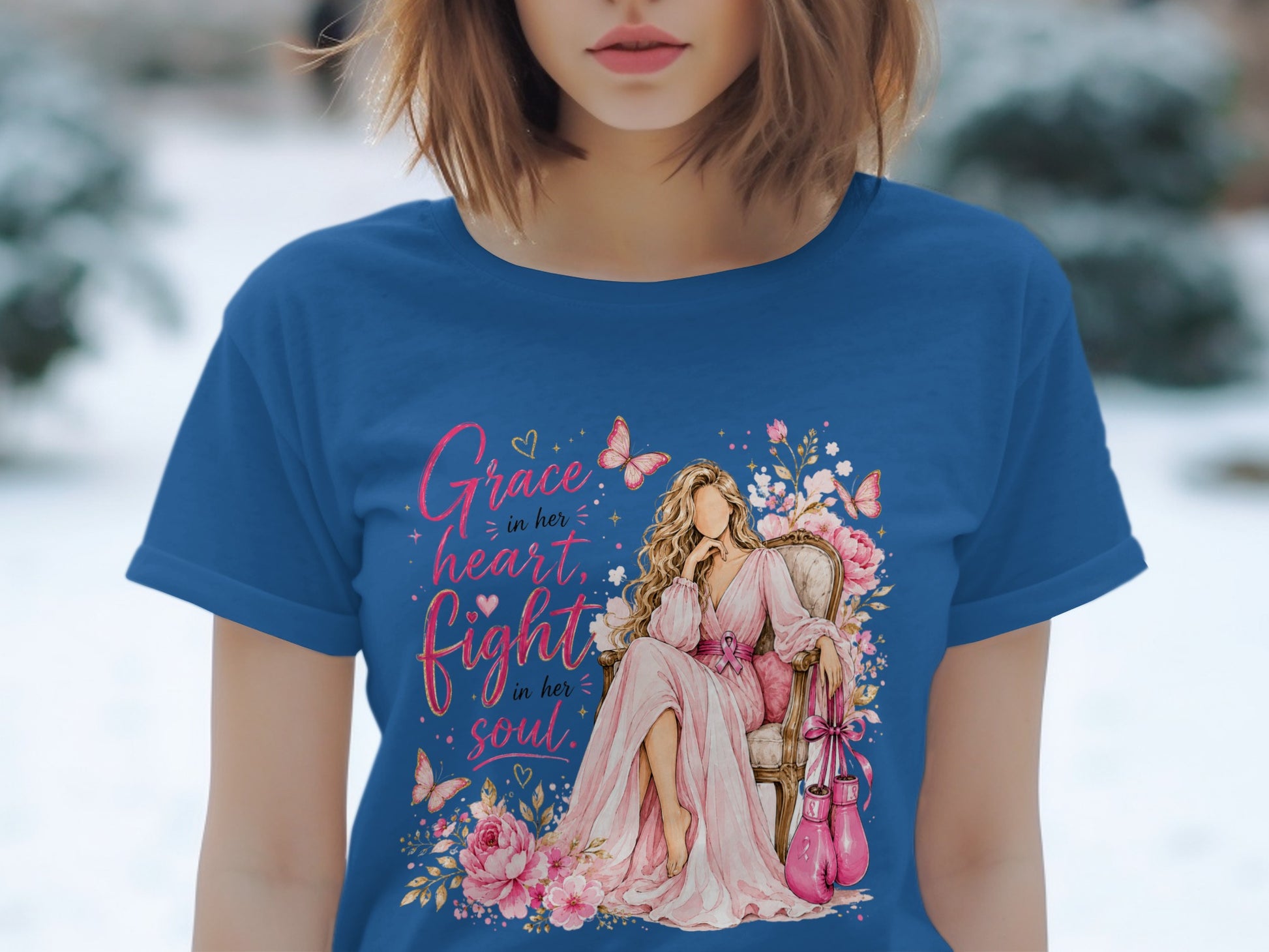 T-shirt with "Grace in her heart, fight in her soul" and a woman with boxing gloves.