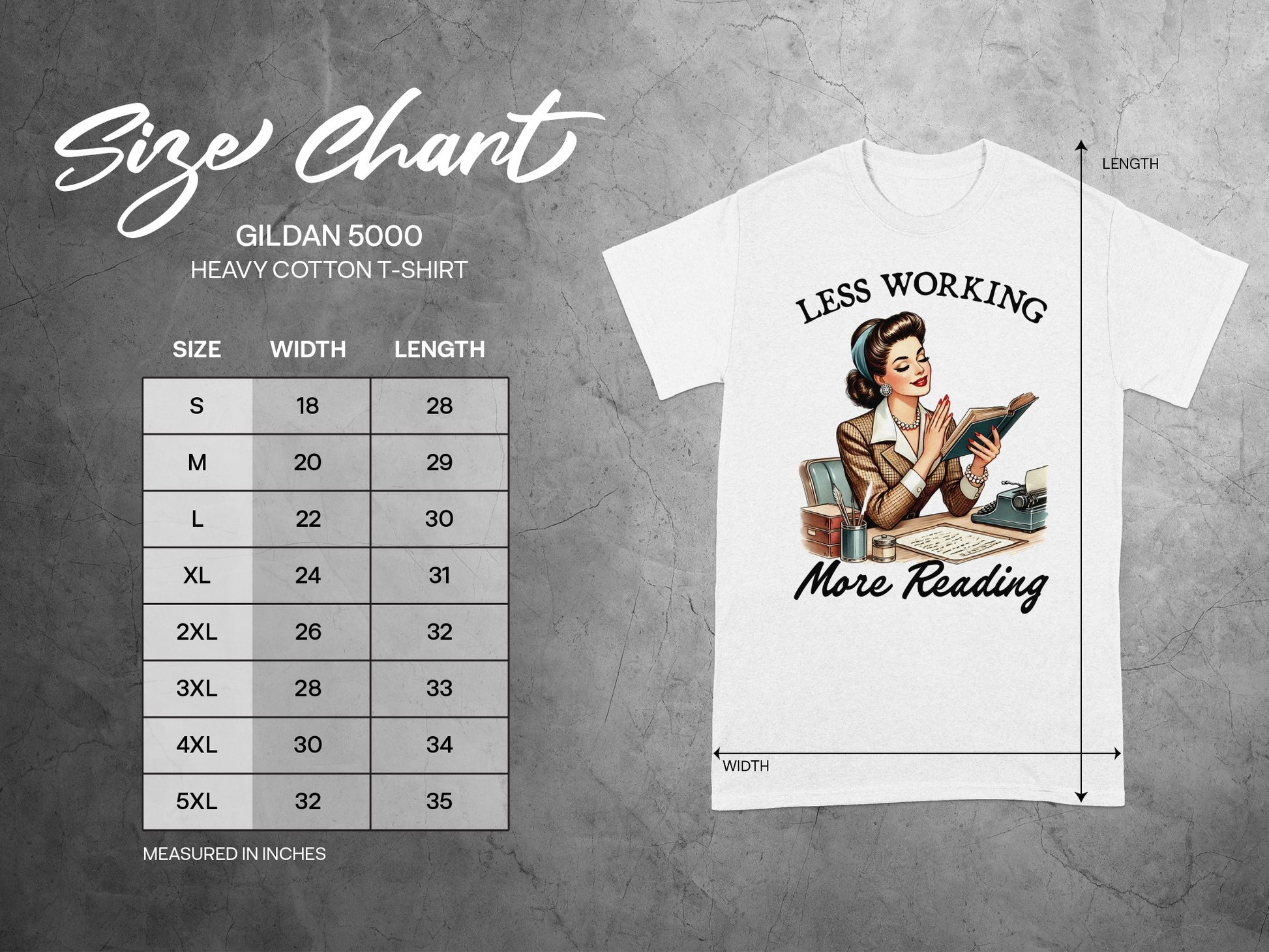 Gildan 5000 Heavy Cotton T-Shirt size chart with illustration of woman reading.