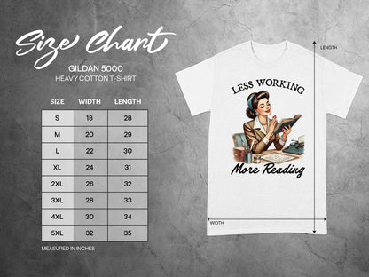 Gildan 5000 Heavy Cotton T-Shirt size chart with illustration of woman reading.