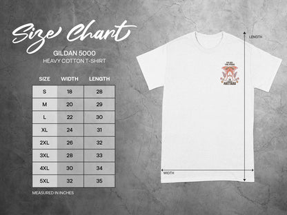 Gildan 5000 Heavy Cotton T-Shirt size chart with width and length measurements in inches.