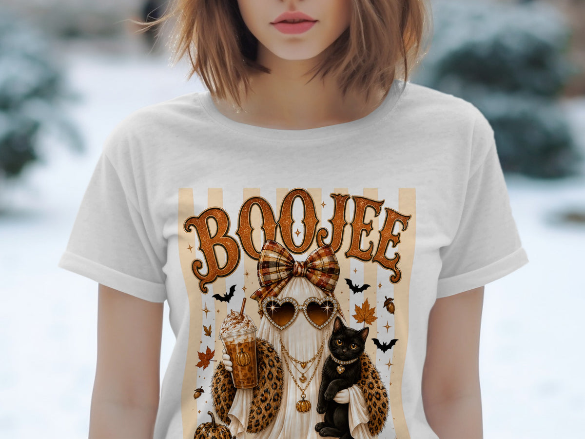 Ghost with cat and drink on shirt, text reads "BOOJEE".