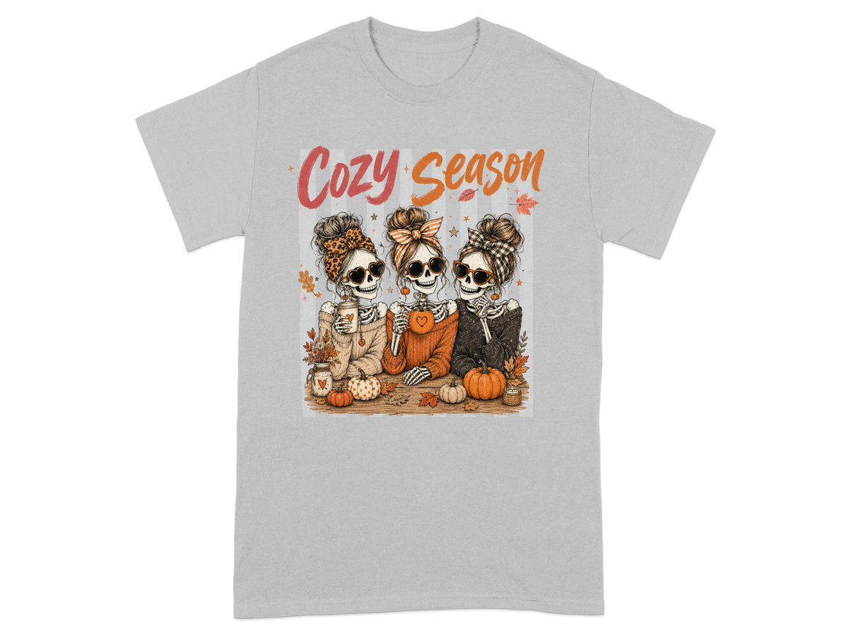 Three skeletons wear bandanas and sunglasses, with text "Cozy Season".