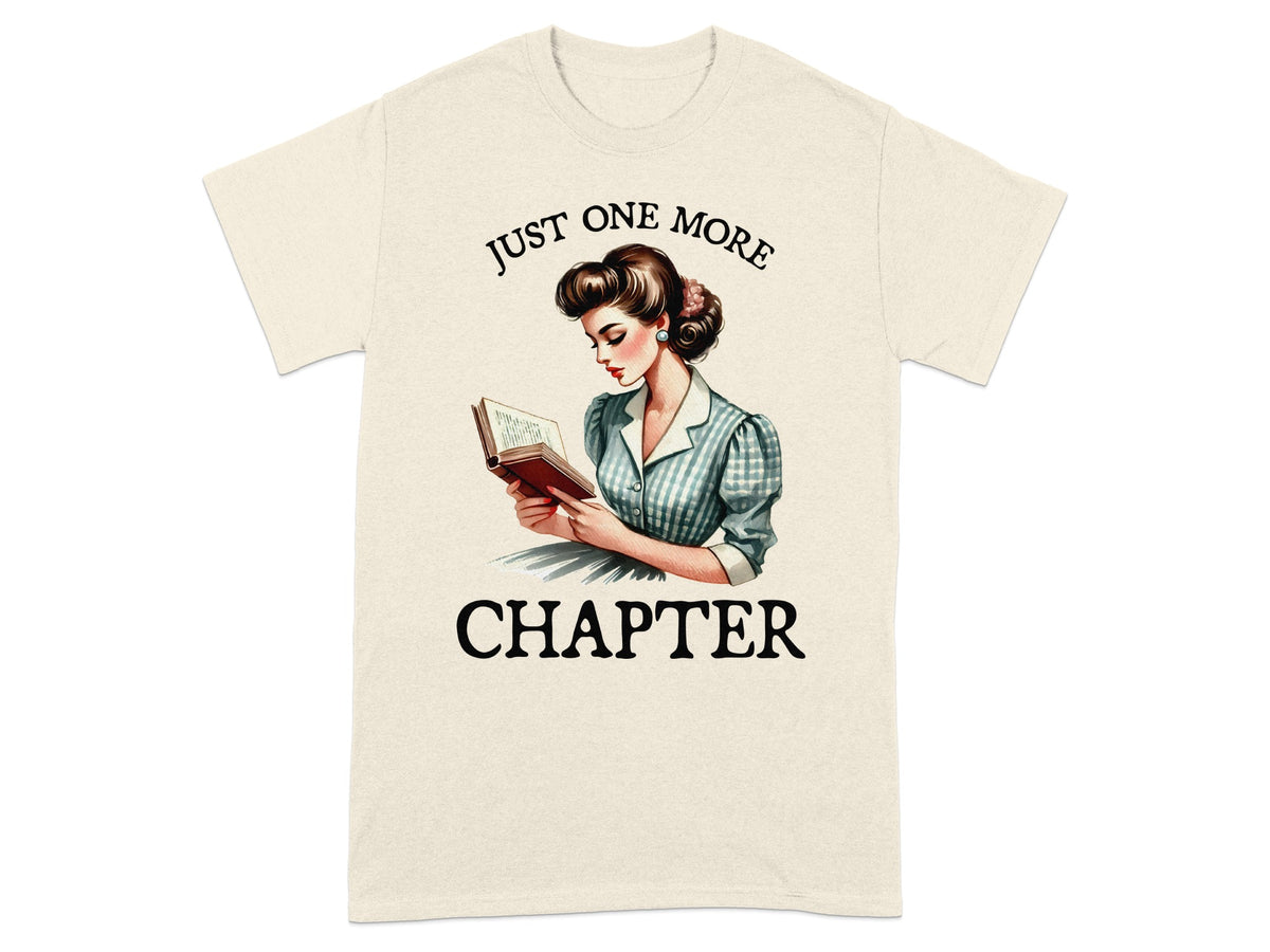 "Just One More Chapter" text with illustration of a woman reading a book.