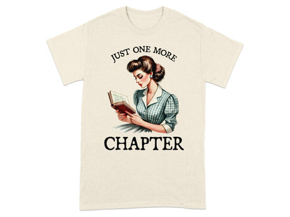 "Just One More Chapter" text with illustration of a woman reading a book.