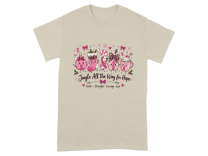 T-shirt with cartoon Christmas ornaments and text "Jingle All the Way for Hope."